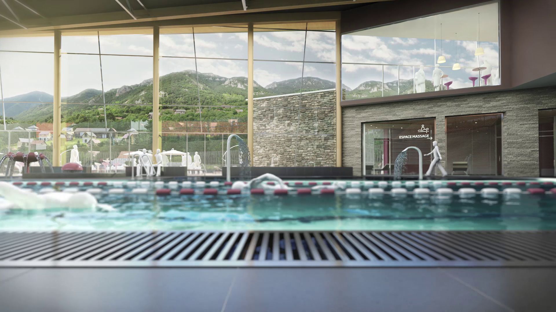 Capture du film en maquette blanche vue depuis une piscine pour le projet du Pôle sports de montagne